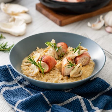 Risotto with DON® bacon wrapped chicken and oyster mushrooms