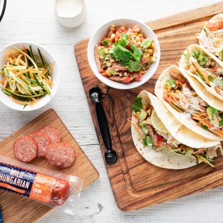 Tacos with DON® Mild Hungarian salami, chicken, corn & avocado salsa